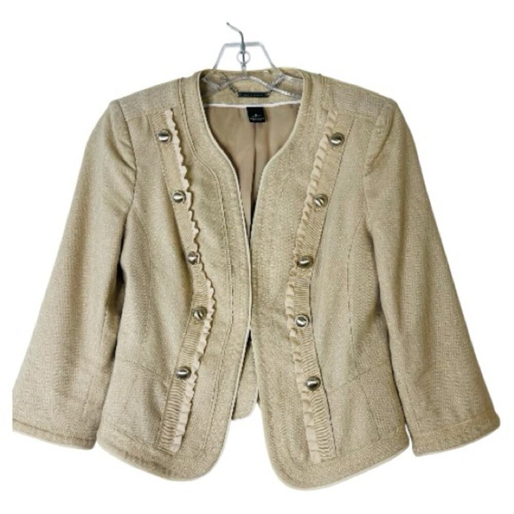 WHBM tan linen button cropped band military ruffle blazer jacket 0